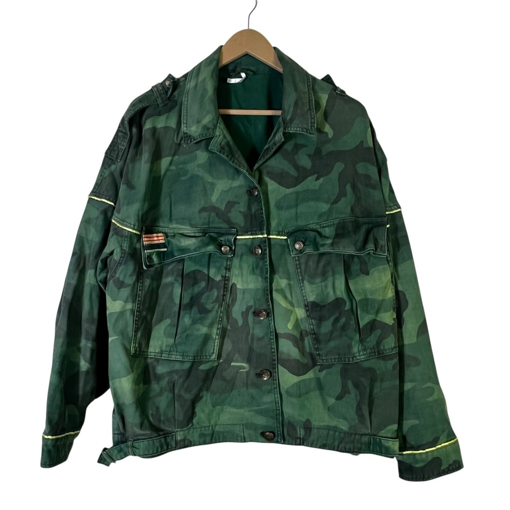 Free People Slouchy Military Jacket Womens L Green Camo 100% Cotton Utility - Picture 2 of 7